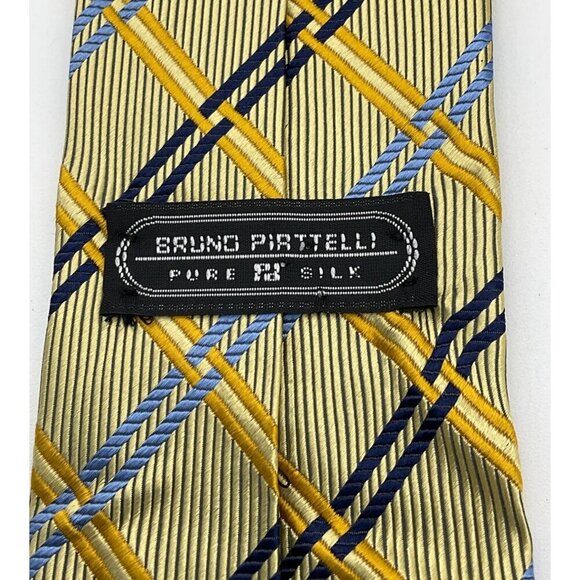 Bruno Piattelli Mens Pure Silk Yellow Blue Plaid Striped Textured Tie Italy - Picture 4 of 6